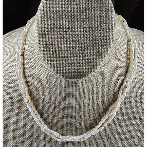 Freshwater Multi Strand Rice Pearl Gold Bead Ivory Necklace - Picture 1 of 11